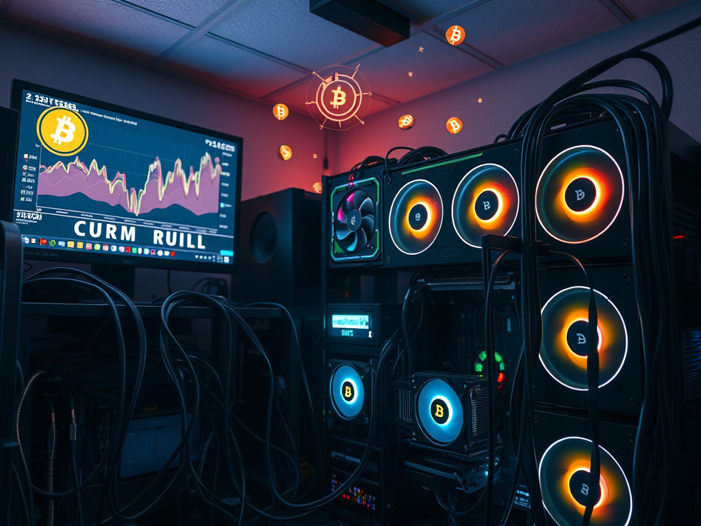 Um computador potente com várias placas de vídeo minerando criptomoedas em tempo real.