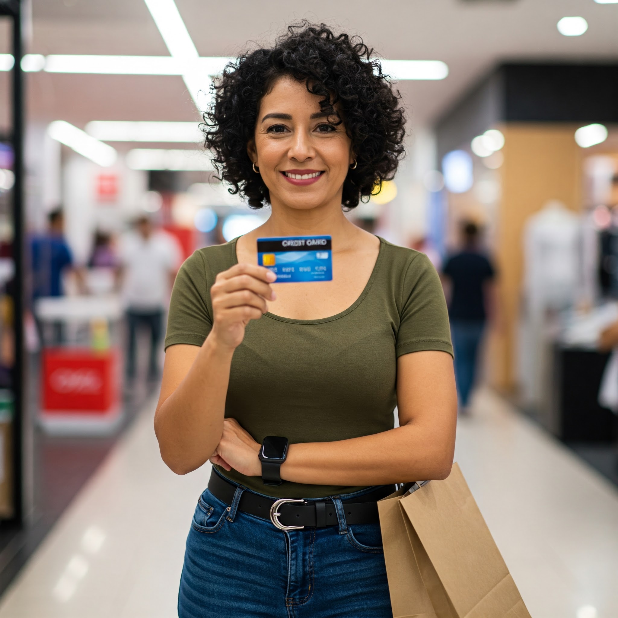 Mulher segurando cartão de crédito da Caixa
